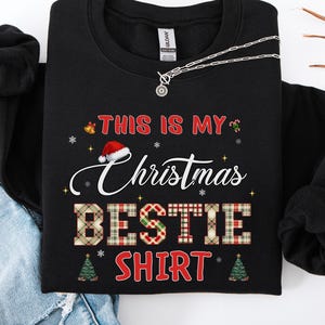 Chemise Bestie de Noël, t-shirt de Noël meilleur ami mignon, chemise de vacances à carreaux en patchwork, haut de pyjama assorti drôle Bestie, cadeau de Noël pour elle