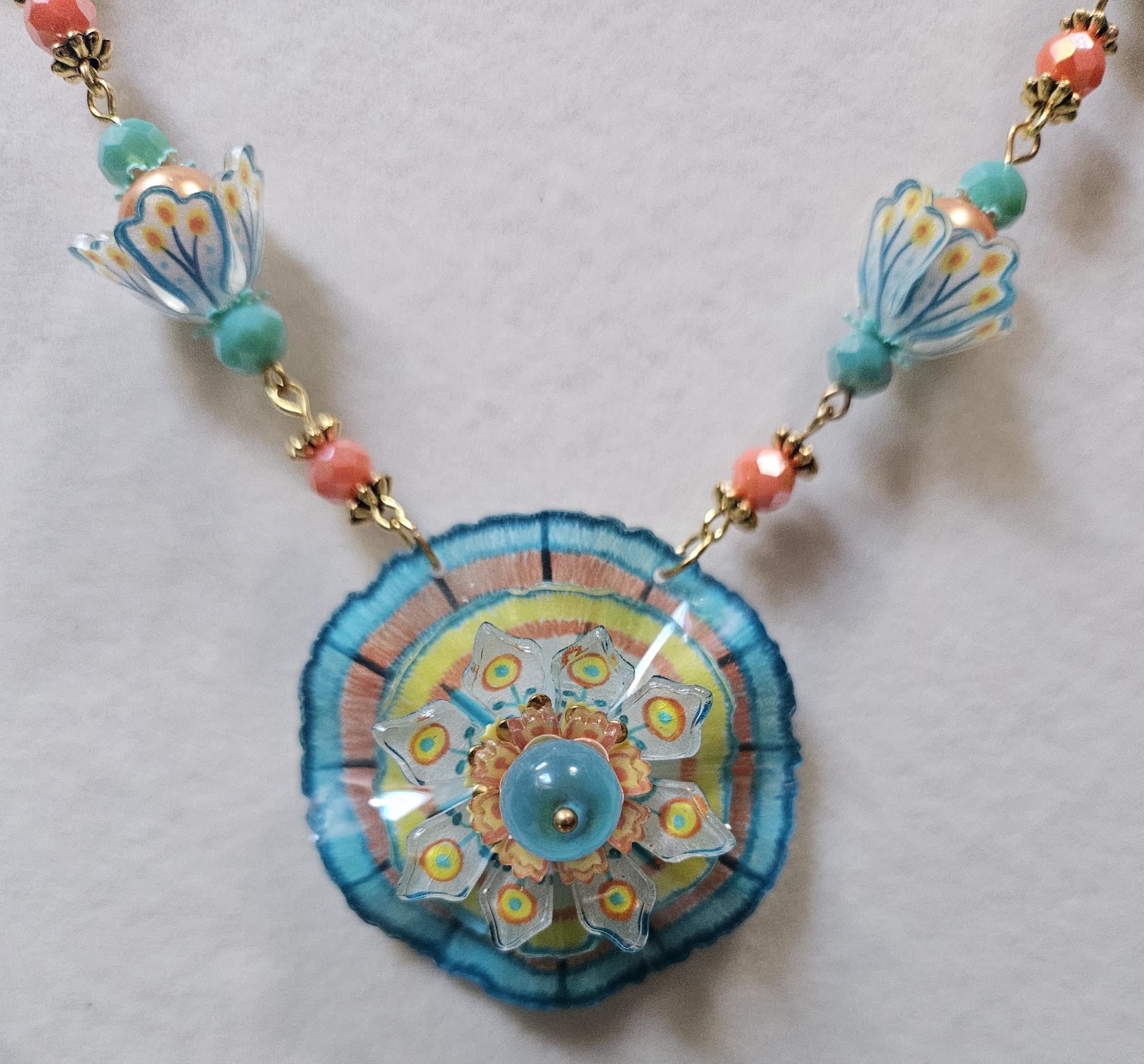 Sunveil Bloom Necklace & Earrings – Handmade Bright Flower Jewelry, Aqua Yellow Coral Set, Whimsical Summer Gift - Thumbnail 2