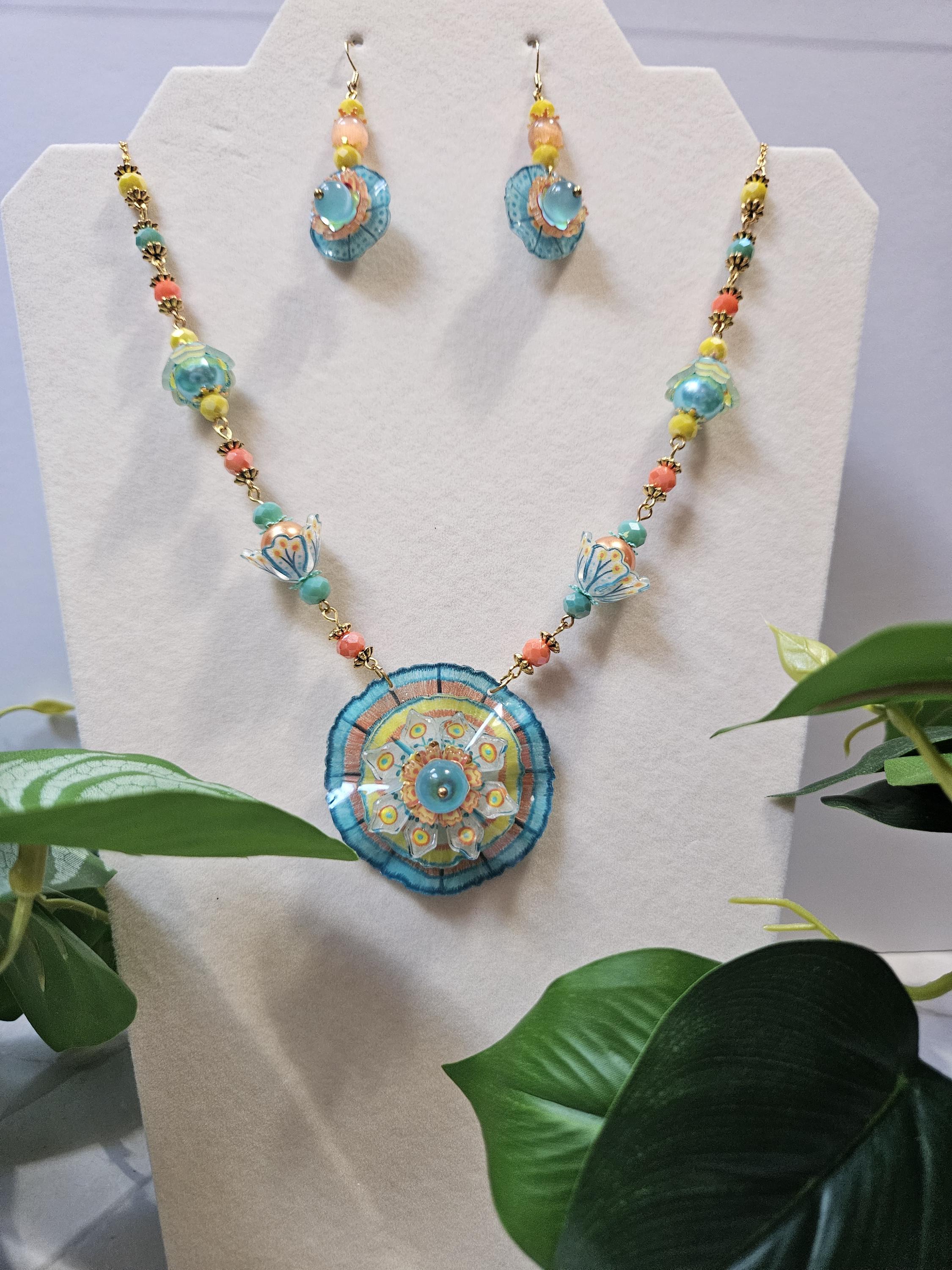 Sunveil Bloom Necklace & Earrings – Handmade Bright Flower Jewelry, Aqua Yellow Coral Set, Whimsical Summer Gift - Thumbnail 4