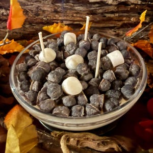 Op de afbeelding: Een heldere glazen kom gevuld met donkergrijze, ronde objecten en witte marshmallows. Drie kleine houten stokjes zijn in de kom gestoken. De kom staat tegen een achtergrond van hout en herfstbladeren.