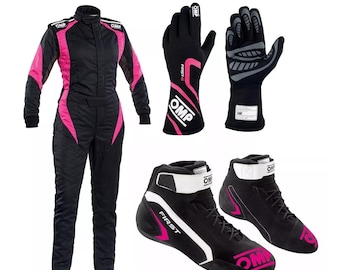 New Women OMP Go Kart Racing Suit, Boots, Gloves set (balaclava) with Custom Digital Sublimation Printing CIK/FIA Level 2 Approved.