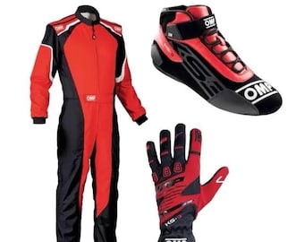 OMP Go Kart Racing Suit, Boots, Gloves set (balaclava) with Custom Digital Sublimation Printing CIK/FIA Level 2 Approved.