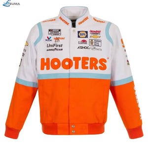 May include: White and orange racing jacket with blue accents. The jacket features the word "HOOTERS" in large orange letters across the chest, along with various sponsor logos. The sleeves and lower portion of the jacket are orange.