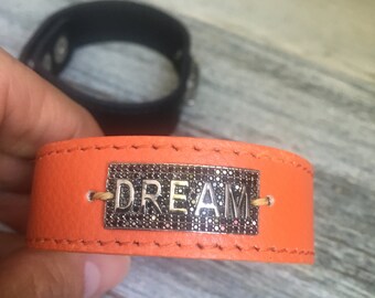 SALE!!! Unisex Orange Leather Dream Cuff with Sterling Silver & Black Spinel