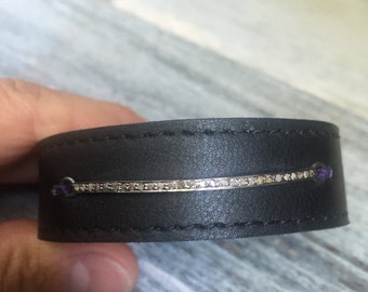 SALE!! Unisex Black Leather Cuff with Pave Diamonds