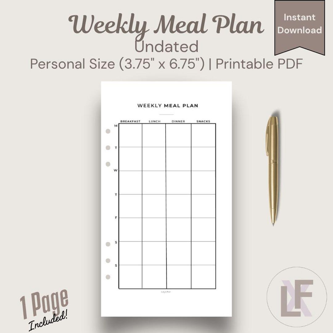 UNDATED Weekly Meal Plan | Personal Size Printable PDF | 1 Page Instant ...