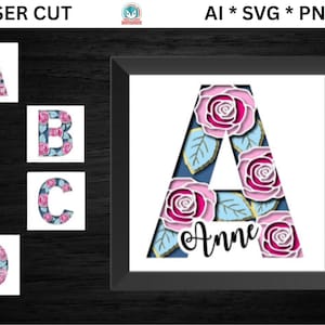 Bloemenmonogram Shadow Box SVG A-Z | Gelaagde roze alfabetletters | Digitaal 3D Papercut-bestand