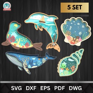 Oceaandier 3D gelaagde SVG-bundel | Zeehond dolfijn walvis schelp lasergesneden bestanden | Sea Life-schaduwdoos | Cricut Glowforge-decor