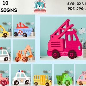 3D Auto Rolling Spielzeug SVG Bundle, Kinder Holzautos mit Rädern, Kleinkind Schiebe- und Ziehspielzeug, Montessori Spielzeug, Feuerwehrauto, Polizeiauto