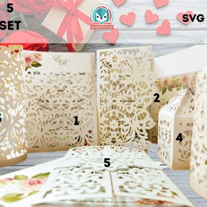 Conjunto SVG floral para boda: tarjetas de invitación de encaje tríptico, linterna, caja de regalo, sobre / Kit de corte láser Cricut