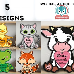 Baby Ankündigung Tier SVG Bundle | Laser geschnittene Geburtsdaten Panda, Löwe, Hai, Affe, Igel | Neugeborene Namensschild SVG