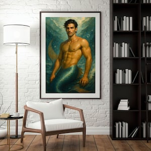 Male Merman Art Print – Gay Fantasy Digital Download, Underwater Queer Wall Decor, Mythical Merman Poster, LGBTQ+ Ocean Artwork