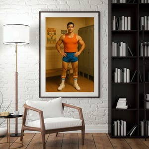 Retro Locker Room Wall Art – 1980s Muscle Man Digital Print, Vintage Gym Poster, LGBTQ+ Physique Aesthetic, Instant Download