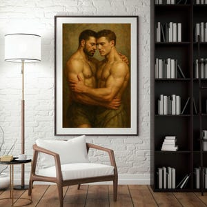 Vintage Embrace Gay Art Print - Digital Download of Two Men Hugging - Romantic LGBTQ+ Wall Decor - Classical Style Male Couple