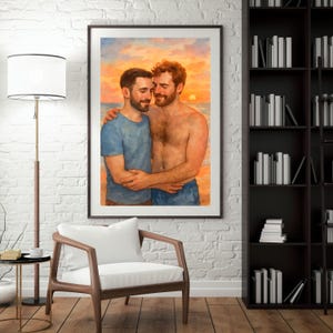 Gay Couple Beach Sunset Art Print: Romantic Watercolor Style (Digital Download)