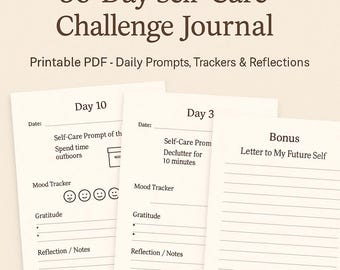 30-Day Self-Care Challenge Journal – Printable Mental Wellness PDF – Daily Tracker & Reflection Pages