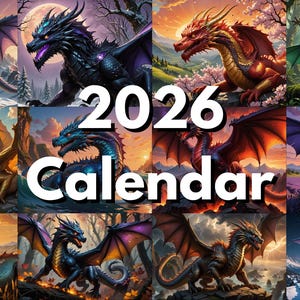 Könnte beinhalten: Ein Kalender für 2026 mit einer Collage aus zwölf verschiedenen Drachen in verschiedenen Posen und Farben vor verschiedenen Hintergründen.