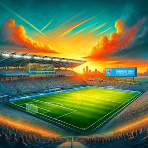 May include: A large, modern soccer stadium with a green field and a large scoreboard displaying "MANCHESTER CITY" in blue and white. The stadium is filled with fans and the sky is a vibrant orange and blue.