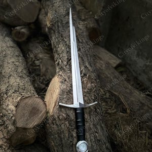 May include: A silver sword with a black handle and a crossguard. The sword is displayed against a backdrop of stacked logs. The text "Cityofvikings" is visible in the background.