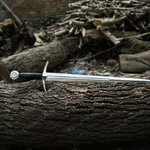 May include: A silver sword with a black handle and a crossguard, resting on a weathered log. The sword has a detailed hilt and a sharp blade, suggesting a historical or fantasy theme.