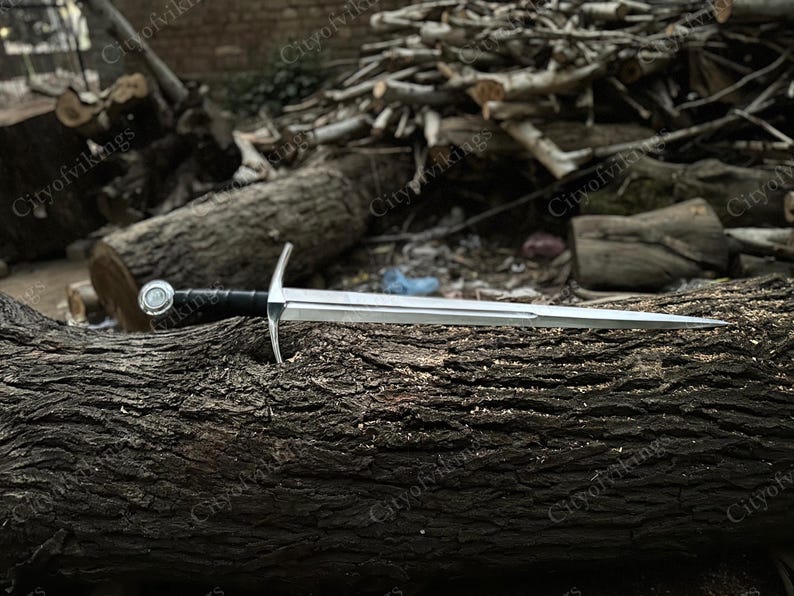 May include: A silver sword with a black handle and a crossguard, resting on a weathered log. The sword has a detailed hilt and a sharp blade, suggesting a historical or fantasy theme.