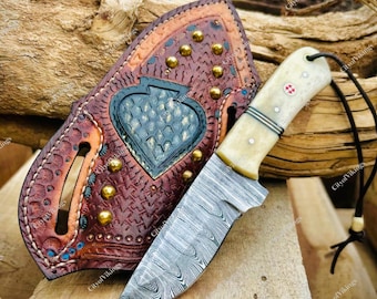 Cuchillo de caza de acero de Damasco hecho a mano con mango de hueso / Cuchillo de seguimiento personalizado con funda de cuero labrado / Cuchillo de bushcraft para exteriores
