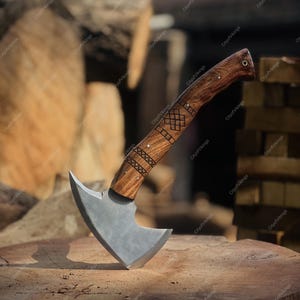 Hand forged Viking Axe | Carved Wooden Handle | Norse Axe | Forged Steel Bearded Hatchet | Camping Axe | Groomsmen Gift | Gift For Him