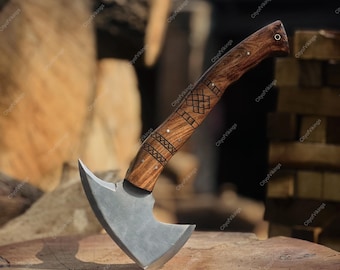 Hand forged Viking Axe | Carved Wooden Handle | Norse Axe | Forged Steel Bearded Hatchet | Camping Axe | Groomsmen Gift | Gift For Him