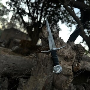 May include: A medieval-style sword with a silver blade and crossguard, a black handle, and a silver pommel. The sword is displayed on a weathered wooden surface, with a blurred background of trees and foliage.