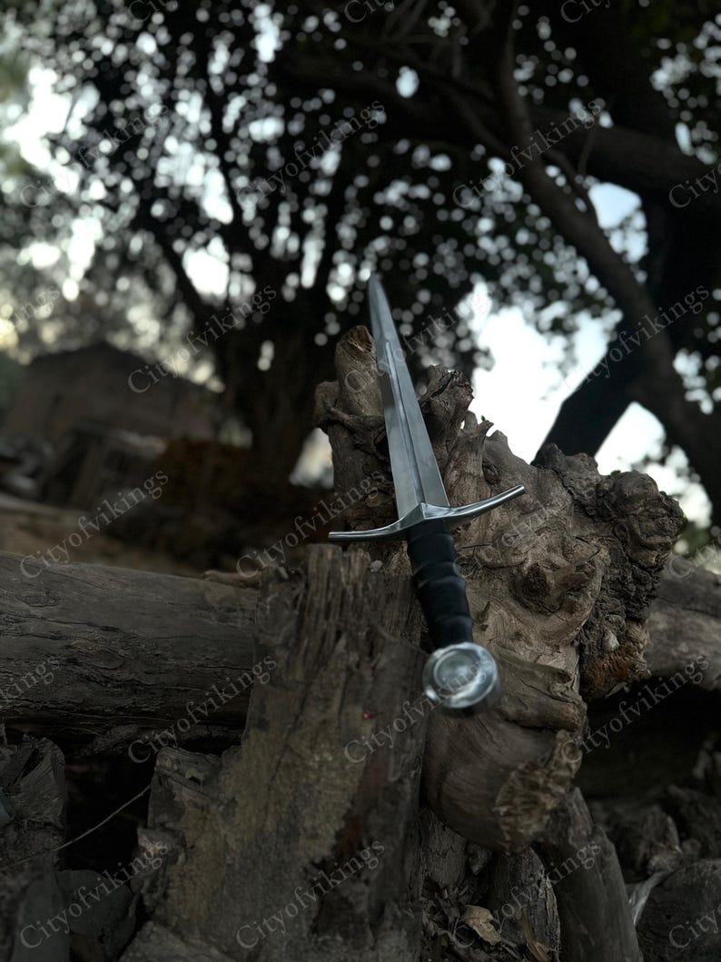 May include: A medieval-style sword with a silver blade and crossguard, a black handle, and a silver pommel. The sword is displayed on a weathered wooden surface, with a blurred background of trees and foliage.