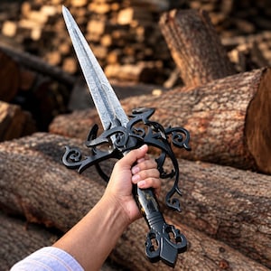May include: A dagger featuring a patterned Damascus steel blade and a black metal hilt with intricate scrollwork. The handle is black with gold-colored marbling, and the pommel has a decorative cutout design at the base of the grip.