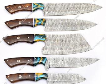 Handmade Damascus Steel Chef Knife Set | Resin Handle, Leather Roll, Anniversary Gift