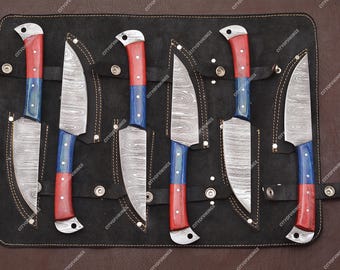 Handmade Damascus Steel Kitchen Knife Set – Resin Handle, Leather Roll – Perfect Seasonal Gift