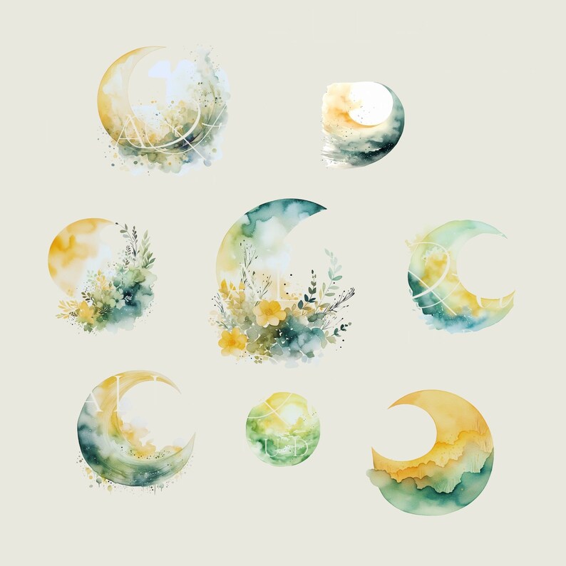 Watercolor Moon Clipart Bundle, Boho Celestial Elements for Nursery, Baby Shower Decor, Fantasy Clipart, PNG for Scrapbooking and craft image 4