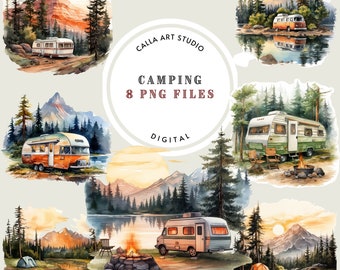 Camping Clipart Bundle, Traveling, Printable Watercolor Clipart, Trailer Clipart, Mountain Landscapes, Scrapbooking, Crafts,Junk Journal PNG