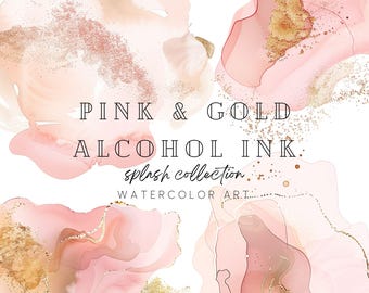 Pink & Gold Alcohol Ink Splashes, Transparent PNG, Watercolor Clipart, Abstract Backgrounds And Patterns, Background for Commercial Use