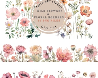 Wild Flowers Clipart Watercolor Flower Png Bundle Pink Boho Flower Digital Download Boho Bouquet Floral Elements Clipart Cardmaking Supplies