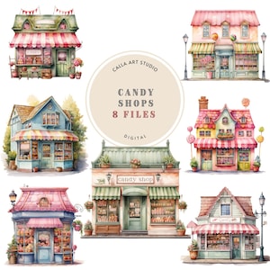 Candy Shop Watercolor Clipart, Vintage Shop PNG for Cardmaking, Candyland, Sweets PNG, Scrapbooking, Architectural Art, Commercial Use