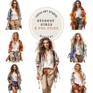 Student meisjes aquarel clipart bundel schattige meisjes clipart mooi meisje kunst voor leraren ambachten ongewenste dagboek scrapbooking commercieel gebruik
