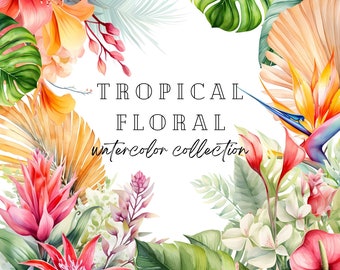 Tropical Flowers Clipart, Watercolor Hibiscus, Floral Watercolor Clipart for Invites, Premade Clipart for Stationary, Floral Arrangments
