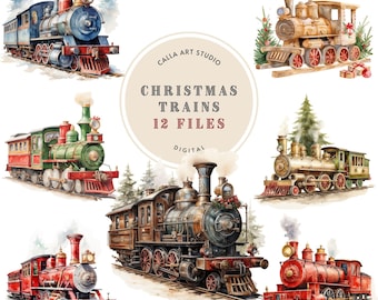 May include: A set of 12 digital watercolor illustrations of Christmas trains. The trains are decorated with greenery, red bows, and other festive details. The illustrations are perfect for adding a touch of holiday cheer to your projects.