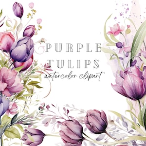 Aquarel tulp clipart, paarse bloemen clipart, bruidsboeketten voor kaarten, tulp bloemen, bruiloft clipart, scrapbooking, boho bloemen