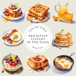 Watercolor Breakfast Clipart Bundle, Cozy Morning Meals Art, Pancake and Coffee Illustrations, Breakfast Foods Images for Commercial Use