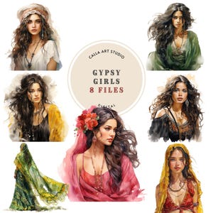 Paquete de imágenes prediseñadas de chicas en acuarela, ilustraciones de chicas gitanas, descarga instantánea, mujeres de BeautifulArt, pegatinas digitales, retratos de personas, niñas PNG