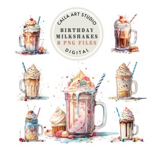 Milkshake Clipart Watercolor Ice Cream Decor Birthday Clipart Dessert Clipart Nursery Wall Decor Junk Journal Digital Download Sweets PNG