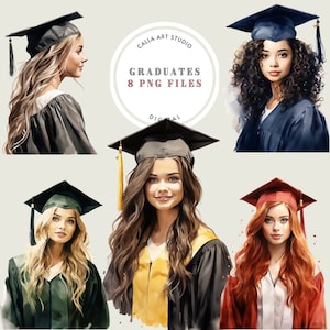 Clipart de acuarela de graduación, graduados PNG, chicas graduadas, creación de tarjetas, manualidades digitales, descarga instantánea, clipart de uso comercial