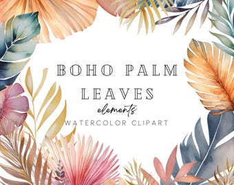Tropical Palm Leaves, Watercolor Clipart, Boho Palm Clipart, Boho Elements for Invites, Premade Clipart for Stationary, Commercial Use