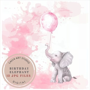 Słoń Baby Shower Akwarela Clipart, Urodziny Słoń PNG, Dziewczynka, Różowy Dziecięcy Clipart, Boho Baby Shower, Urodzinowe Przyjęcie Clipart