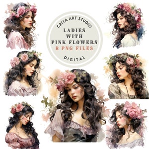 Meninas vitorianas com flores rosa aquarela clipart mulheres renascentistas lindas garotas gráficos para projetos faça você mesmo scrapbooking uso comercial
