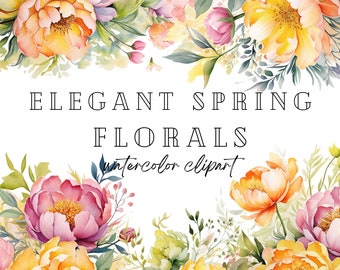 Spring Floral Watercolor Clipart Pack, Bright Flower Arrangements, Elegant Flowers, Commercial Use Clipart, Transparent PNG, Premade Clipart